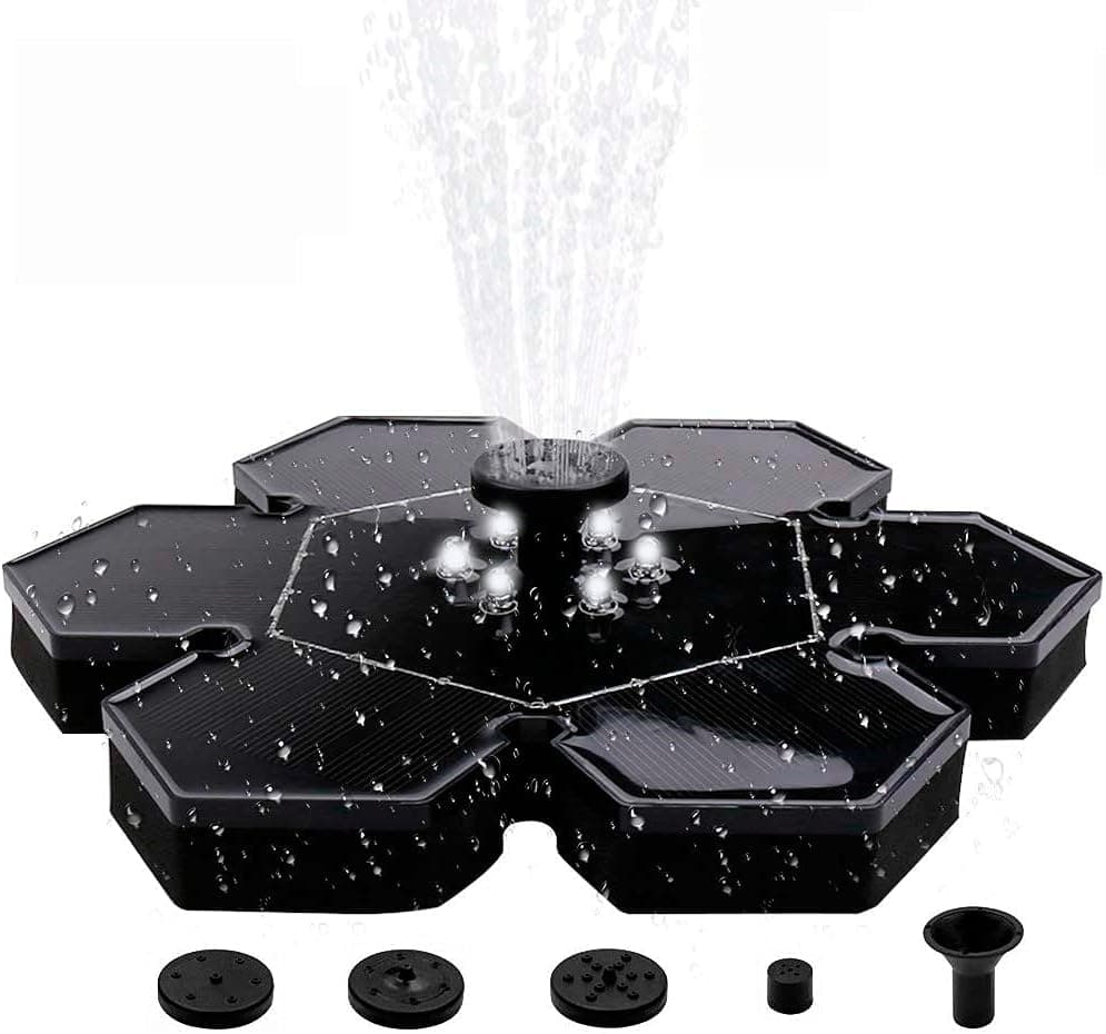 Solar Fountain Pump with LED Lights, Free Standing Solar birdbath Fountain Pump for Pond, Aquarium, Garden, Patio and Pool