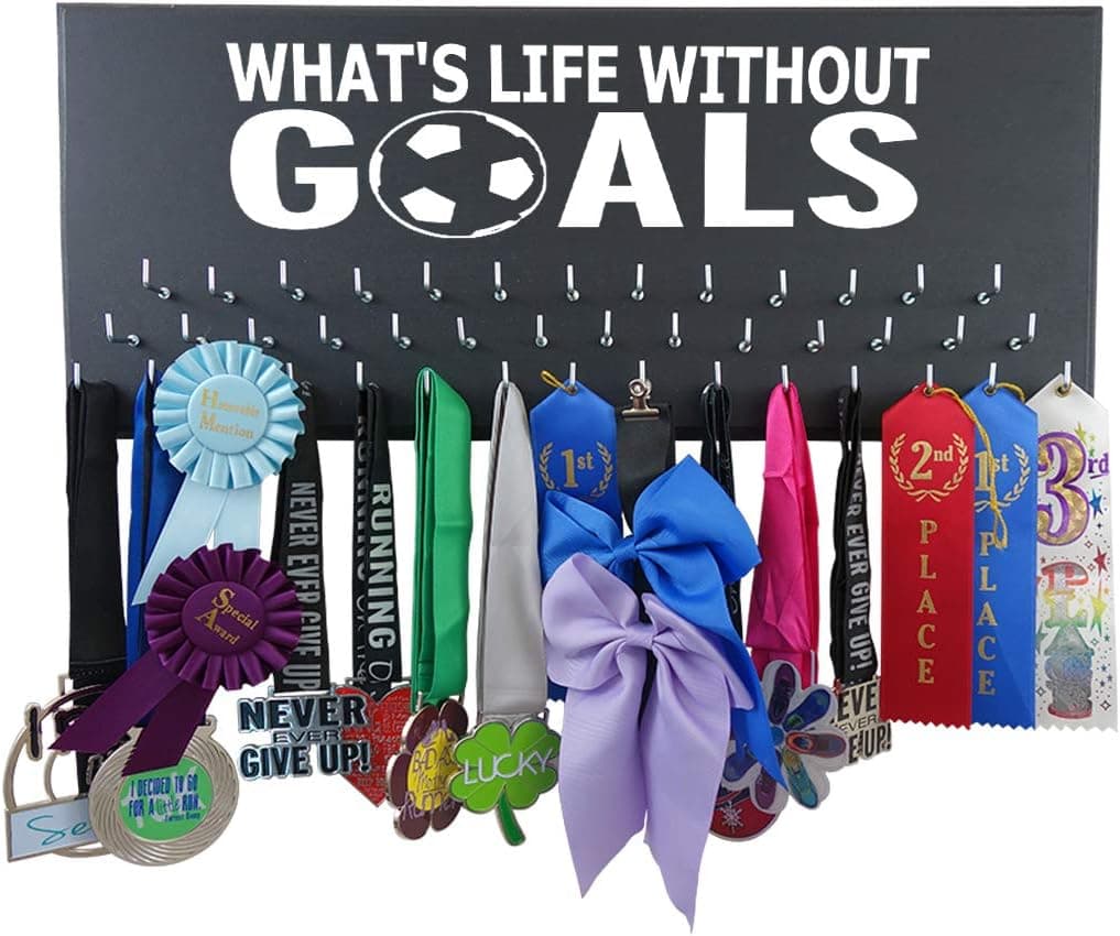 Running On The Wall Soccer Medal Holder - What's Life Without Goals - Display for All Awards, Medals, Ribbons and Trophy for Soccer Player and Soccer Coach - Soccer Gift