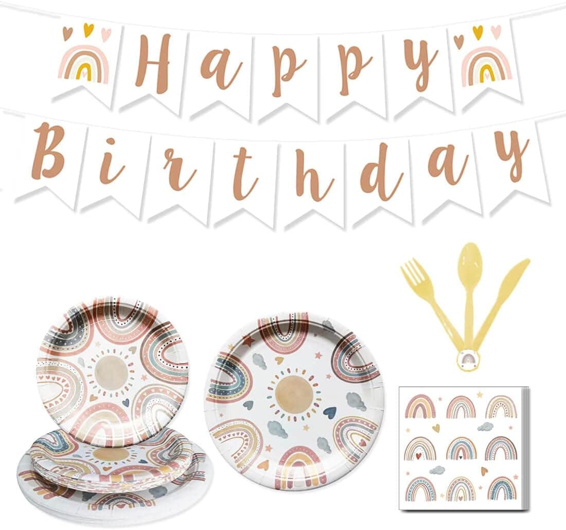 Boho Rainbow Birthday Banner Boho Happy Birthday Boho Rainbow 1st Birthday Party Supplies Plates Decorations Photo Prop for Girl Boy Baby 16 Guests