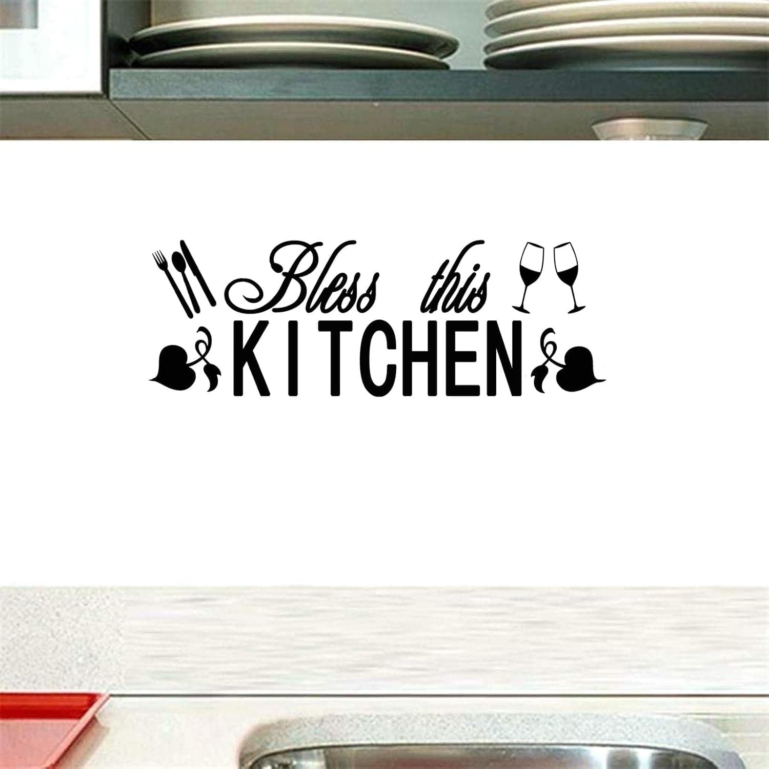 BIBITIME Kitchen Decor Sticker Quotes Bless This Kitchen Wall Tile Decals Flower Art Removable DIY Vinyl Stickers Dining Baking Room Bar Restaurant Home Decor