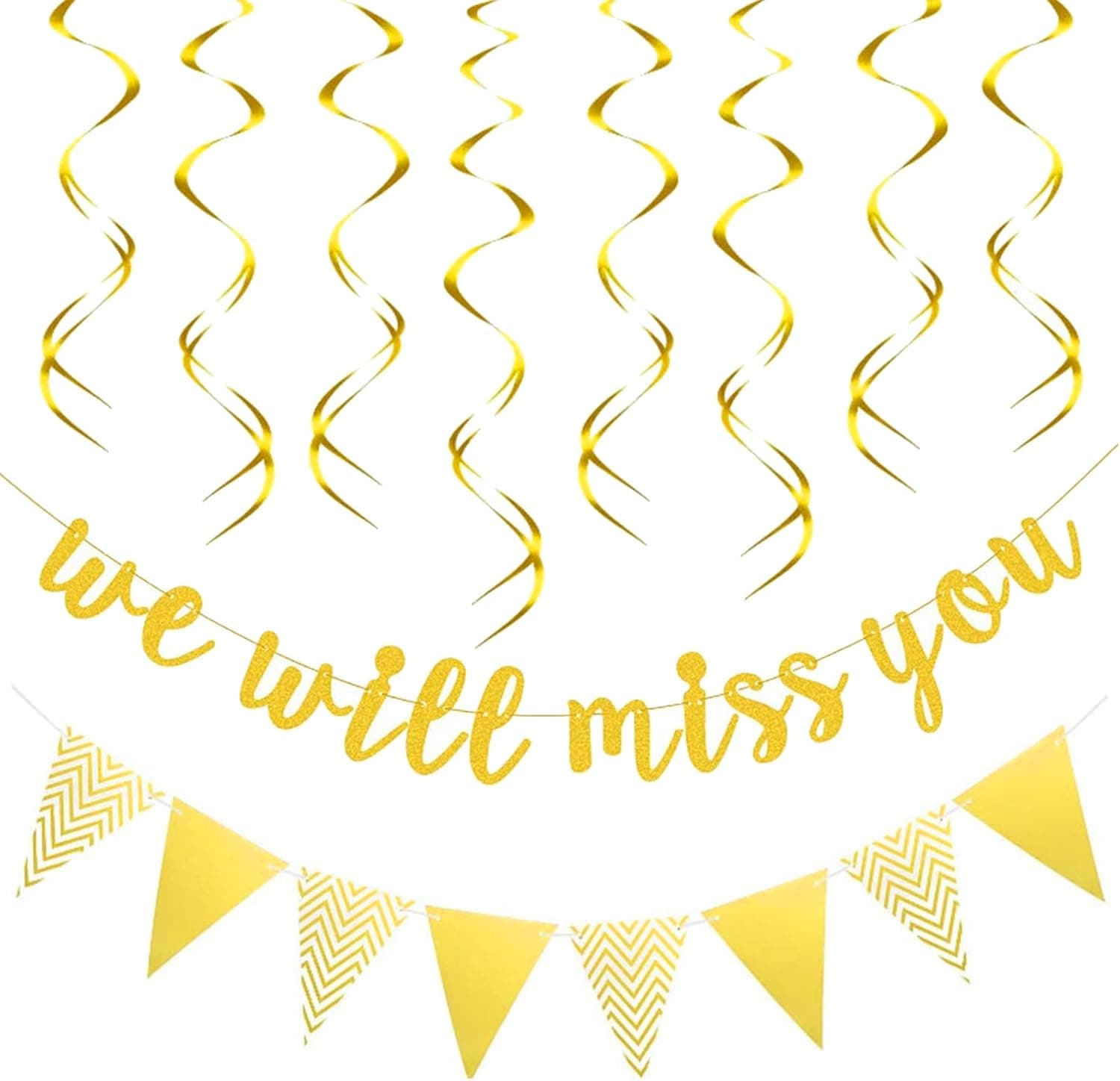 Mocossmy We Will Miss You Banner,3 PCS Gold Glitter Banner & Triangle Flag Banner & Hanging Swirls Banner Garland for Farewell Going Away Retirement Anniversary Job Change Party Supplies Decorations