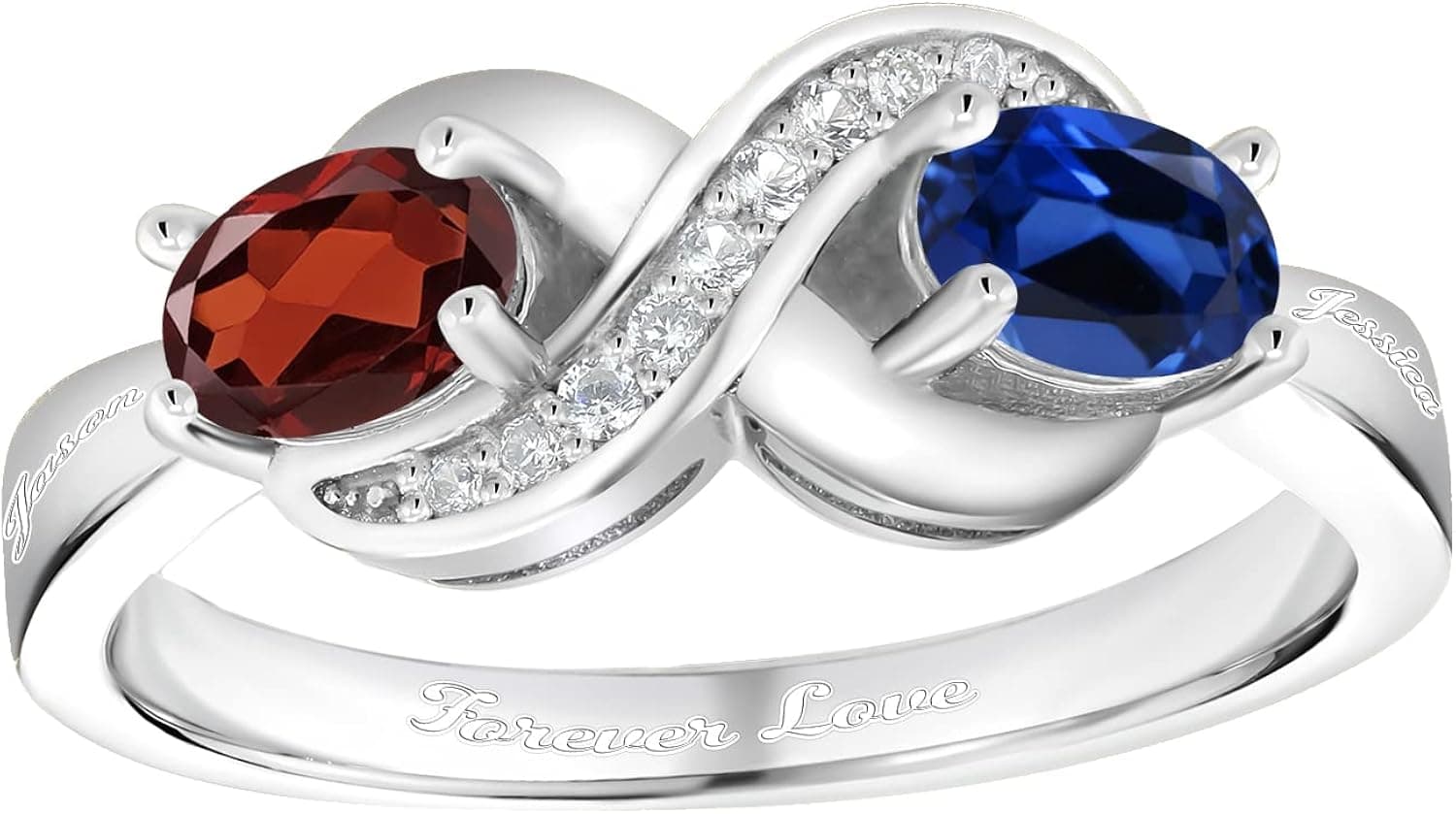 Gem Stone King 925 Sterling Silver Personalized Customized Engrave 2-Stone Gemstone Birthstone and White Created Sapphire Infinity Forever Love Knot Ring For Women