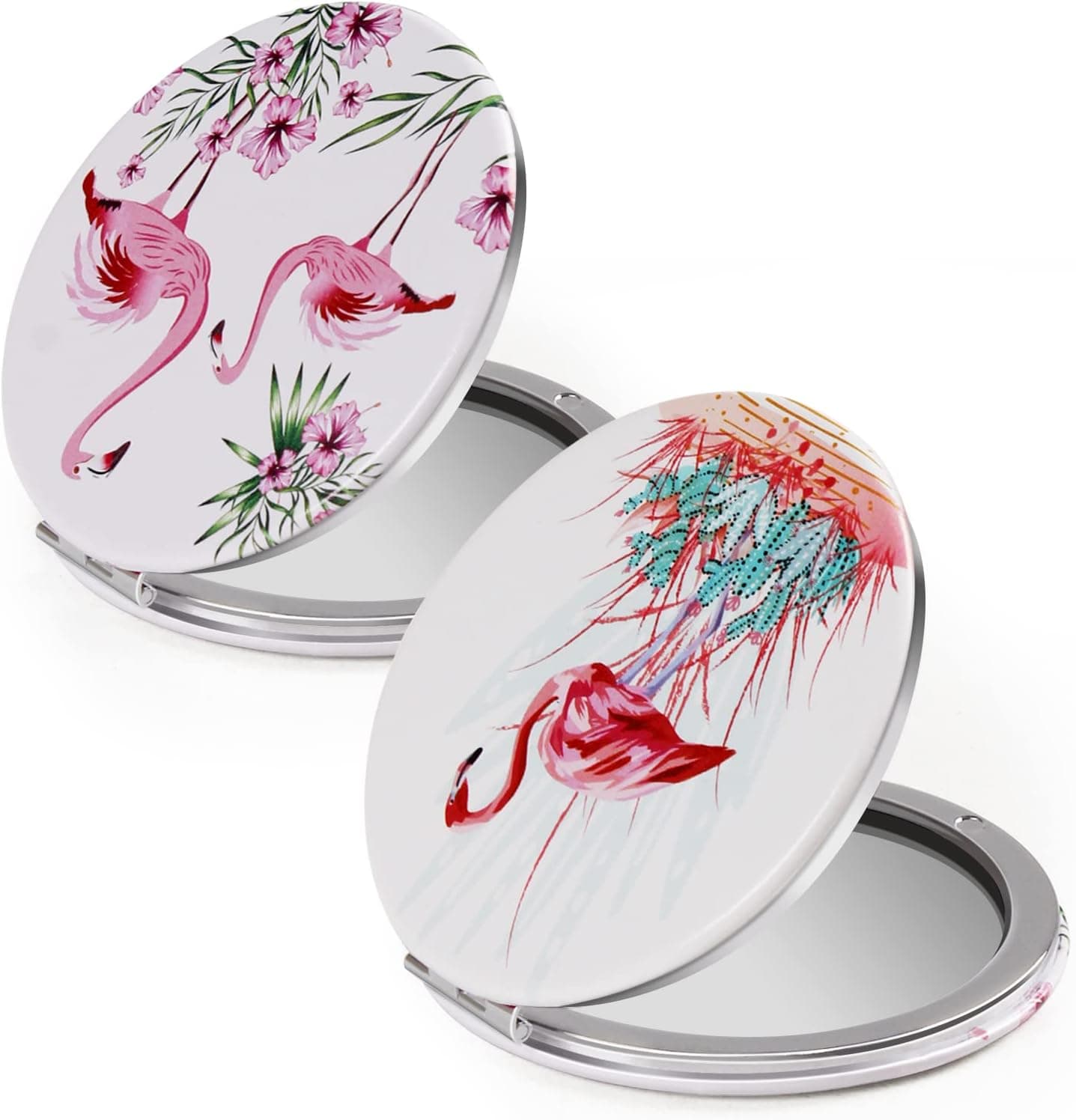 HBTD-SZ Compact Mirror 2 Pack Portable Mirror 1X/2X Magnifying Round Metal Pocket Makeup Mirror(Flamingo)