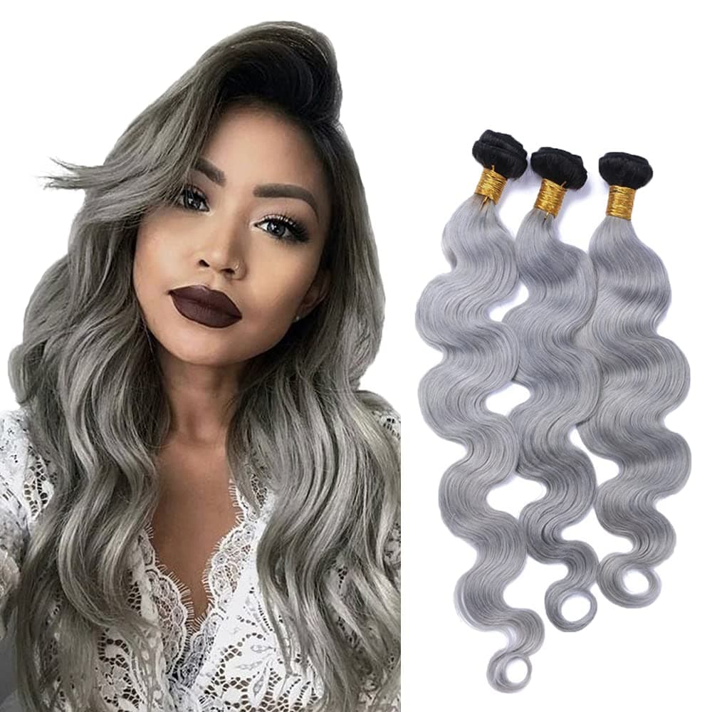 WunnSvm Silver Human Hair Bundles Ombre 2 Tone Black And Gray Human Hair 3 Bundle 8A Unprocessed Virgin Hair Weave Double Weft No Tangle Hair Bundles Ombre Body Wave Bundle(22 24 26)Inch