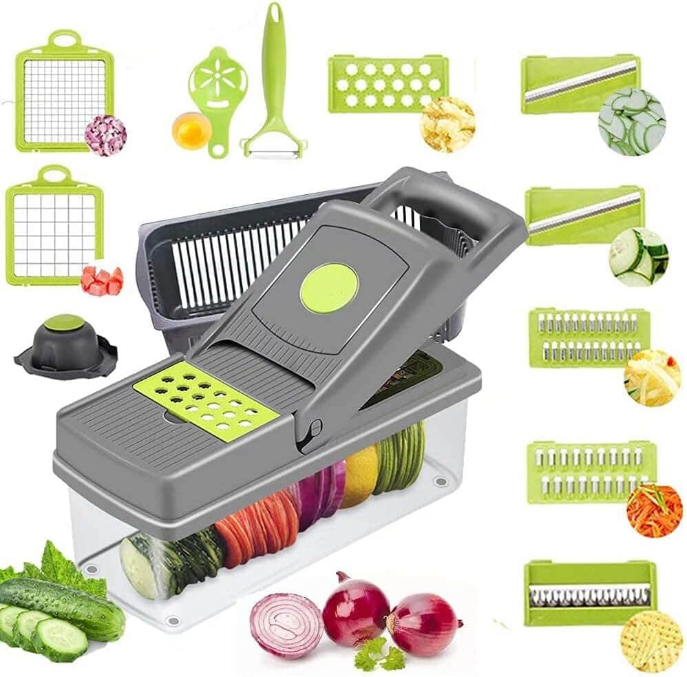 MULTIFUNCTION VEGGIE SLICER 14-IN-1. THIS FOOD SLICER CHOPPER IS A PERFECT CHOICE TO SAVE TIME AND KEEP SAFE!!. THE VEGGIE SLICER IS VERRY GOOD FOR CHESSE SLICER, CABBAGE SLICER AND MORE!
