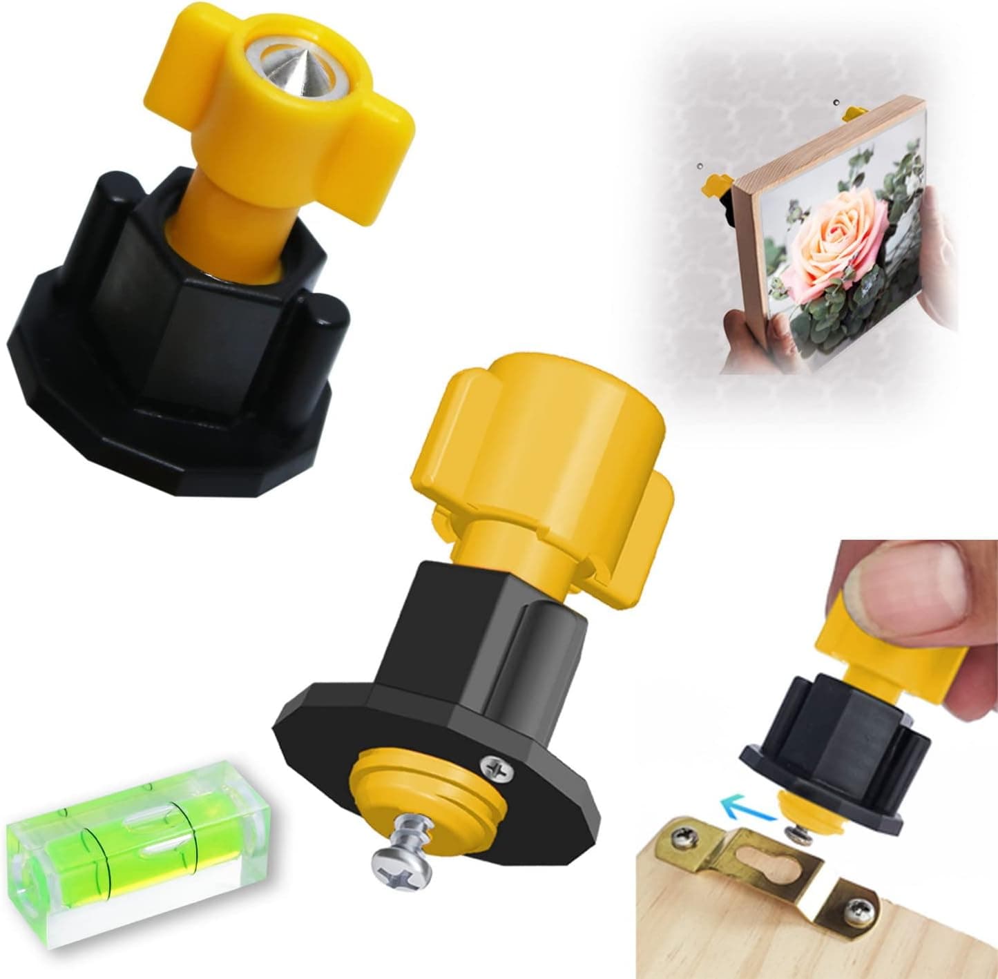 DIKOO Picture Hanging Mark Hole and Leveling Kit for Frame Mural Hanging - with Mini Bubble Level Used for Mark Nail Hole Frames etc Location Tool Set (Yellow-2pcs)