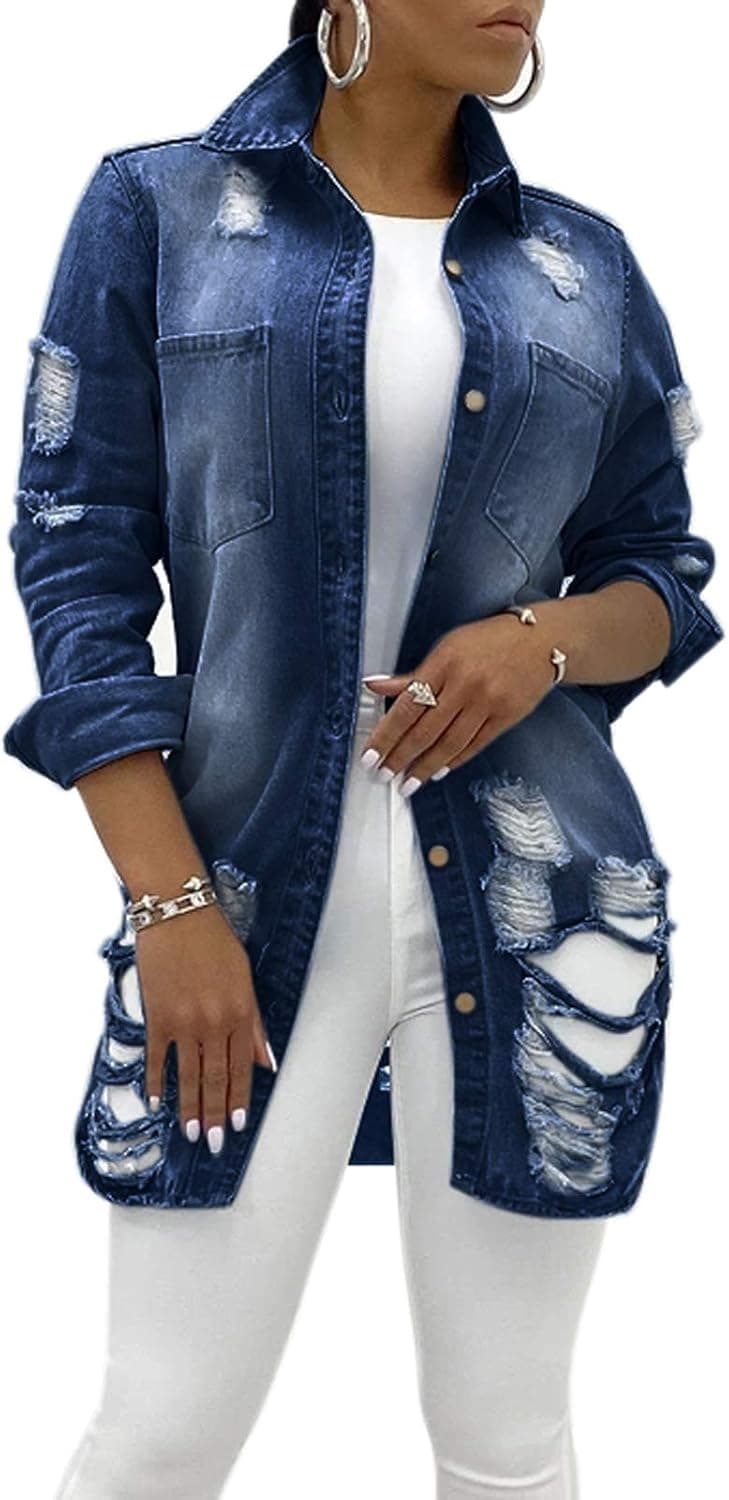 OLUOLIN Jean Jacket Women Ripped Denim Jacket Long Sleeve Button Down Distressed Jeans Denim Jackets Coat