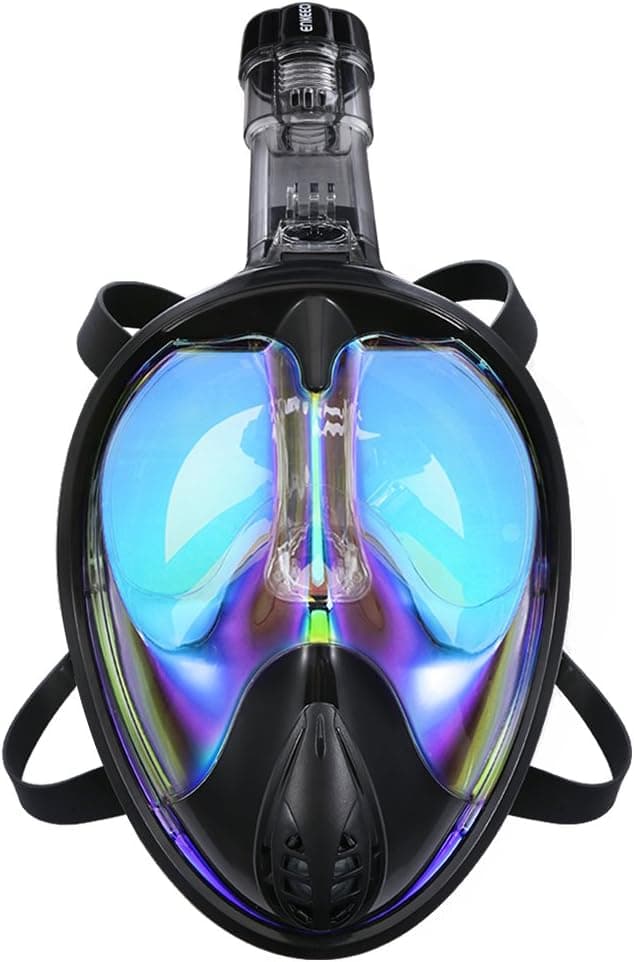 ENKEEO Full Face Snorkel Mask - Anti-Fog, Anti-Leak and UV 400 Protection Tubeless Snorkeling Set - with Action Camera Mount, Dry Top Technology and Detachable Breathing Tube (L / XL, Black)