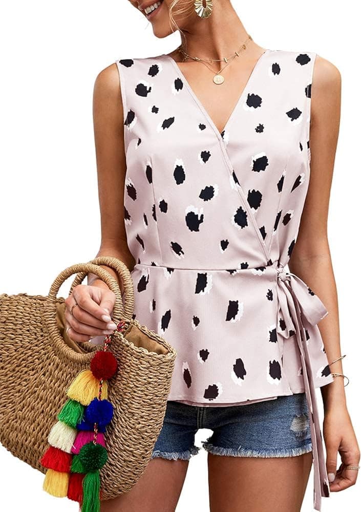 GAMISOTE Womens Wrap V Neck Tank Tops Print Tie Waist Peplum Shirts Blouse