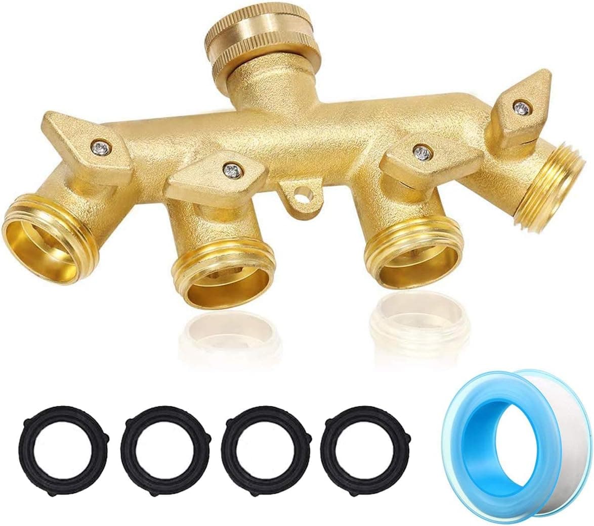Elihome 4 Way Garden Hose Splitter, Heavy Duty Brass Hose Connector 3/4 Inch, Hose Spigot Adapter Connector for Garden Irrigation