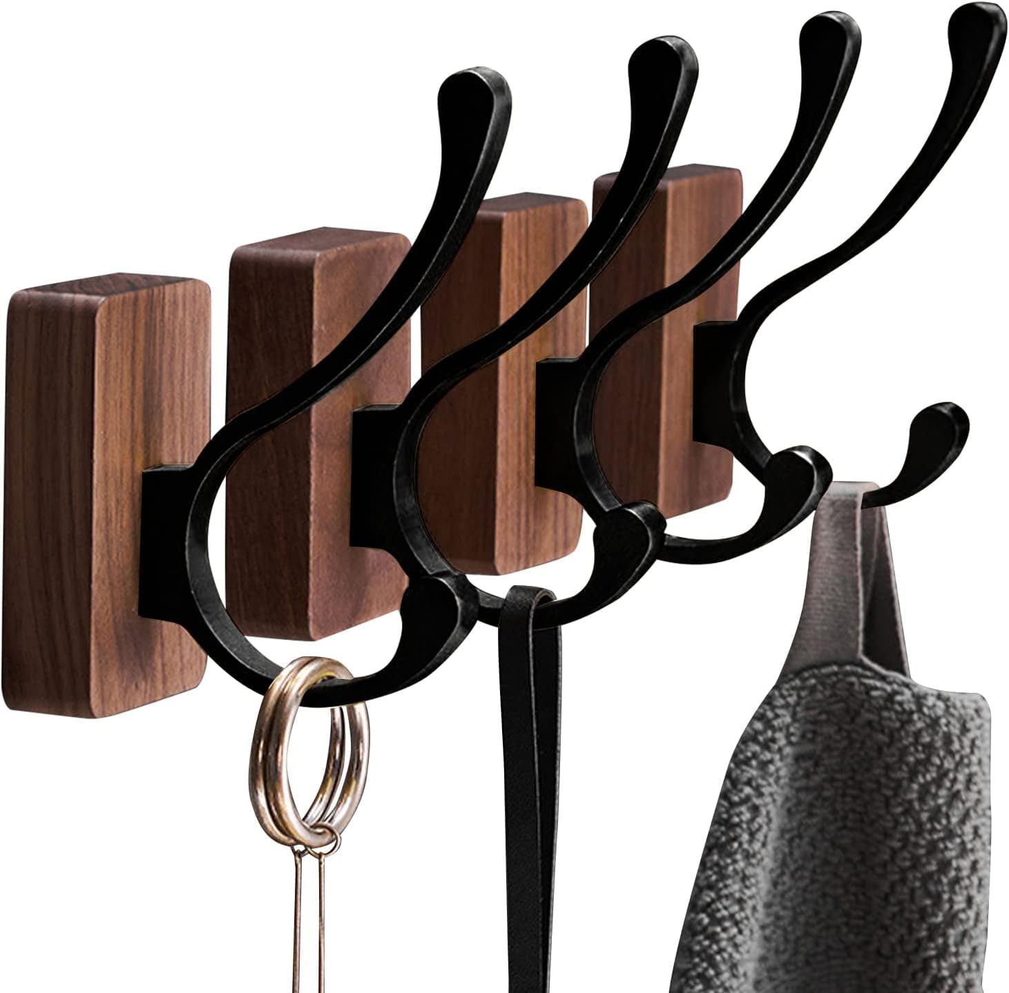 BSCWYJHY 4 PCS Black Walnut Wood Wall Hooks, Adhesive Mounted & Wall Mounted Rustic Decorative Entryway Hooks, Mid Century Modern Natural Wooden Pegs for Hanging Coat Clothes Hat Bag Purse and Towel
