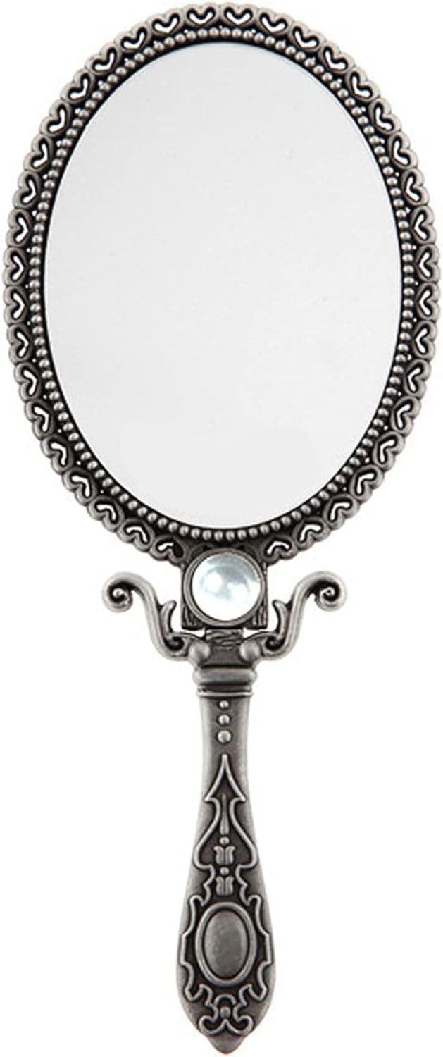 SEHAMANO Vintage Double Sided Handheld Makeup Metal Mirror / Decorated with Pearl / Folding Handle / Portable and Durable Hand Mirror (Matt Grey (Tin))