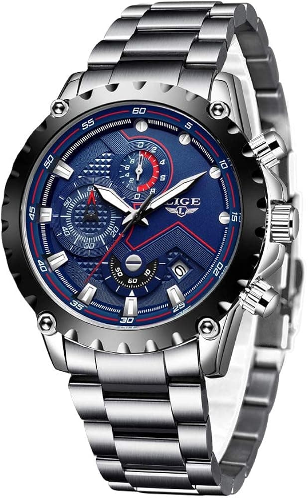 LIGE Fashion Men Watches Stainless Steel Waterproof 30M Quartz Watch Sport Casual Multifunctional Chronograph Watch for Man Blue