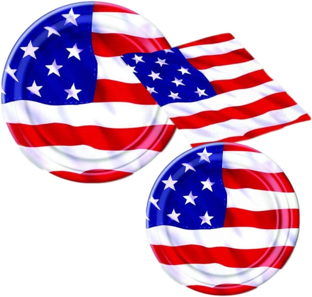 Patriotic American Flag Party Supplies for 8 People | Bundle Includes Paper Plates and Napkins | American Flag Design