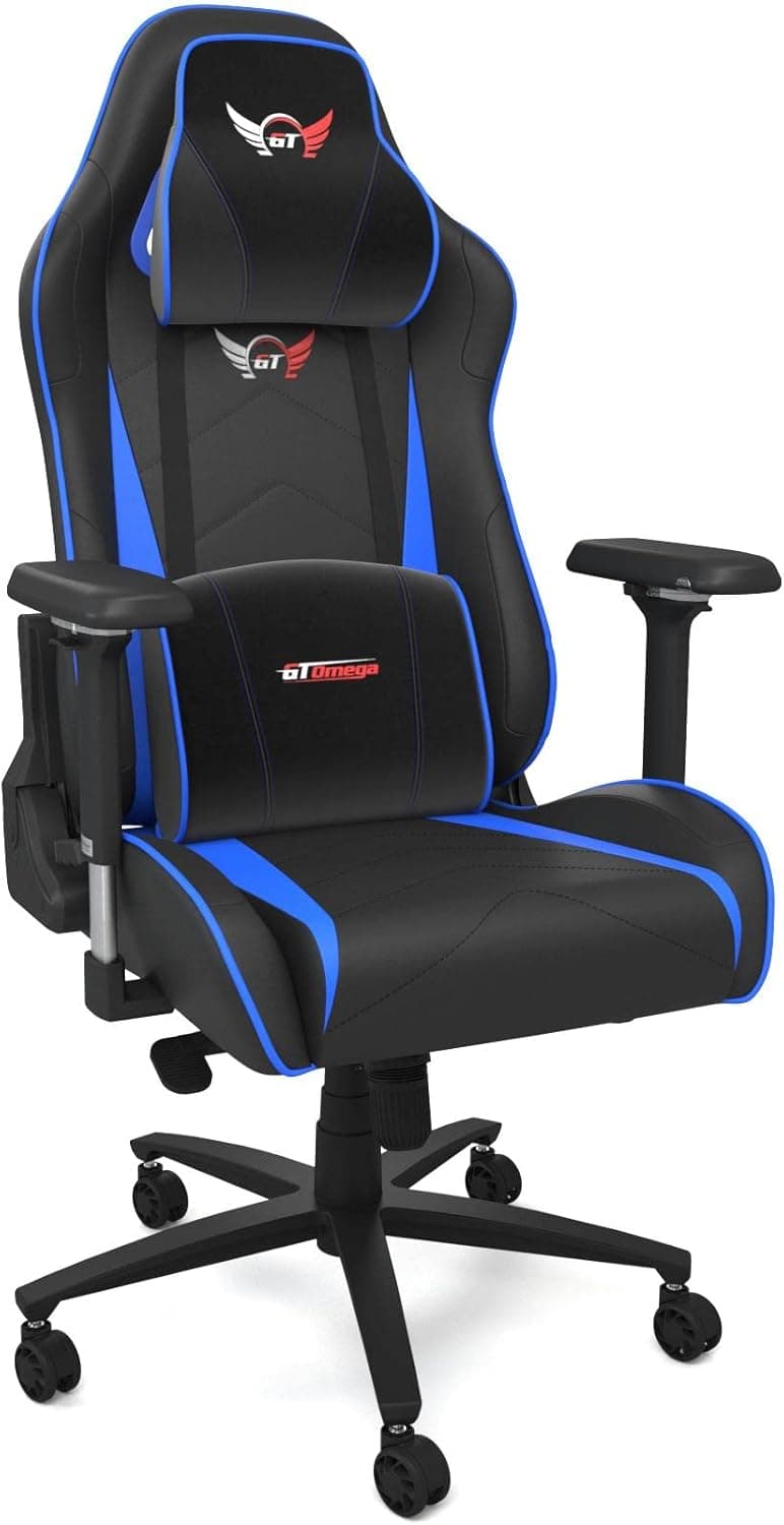 GT OMEGA PRO XL Racing Gaming Chair with Lumbar Support - Ergonomic PVC Leather Office Chair with 4D Adjustable Armrest & Recliner - Esport Seat for Ultimate Gaming Experience - Black Next Blue