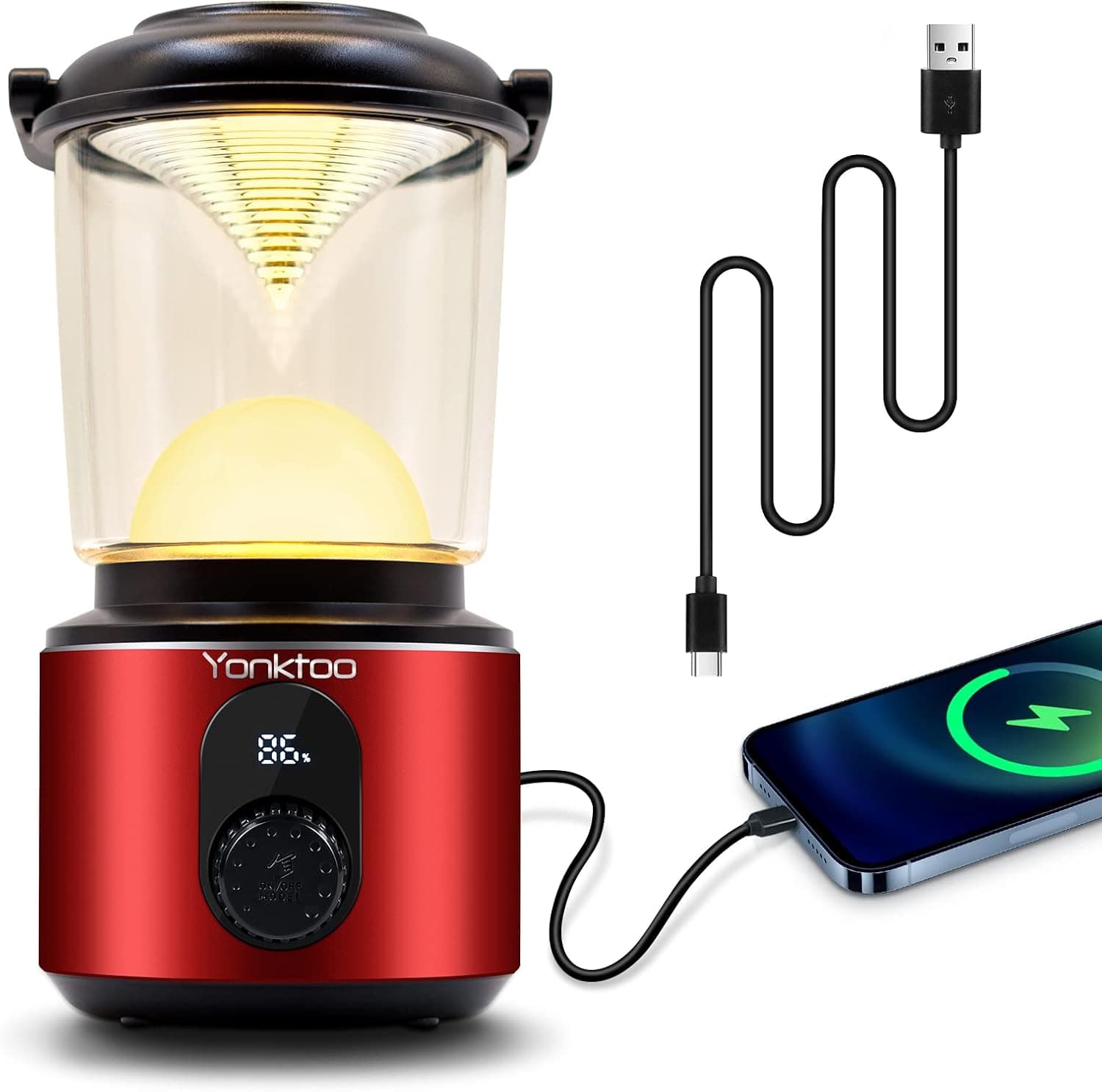Yonktoo LED Rechargeable Camping Lantern, 10400 mAh Power Bank 1500LM Aluminum Camping Light & Flashlight , 5 Light Modes, IPX5 Waterproof, Hurricane Emergency, Hiking, Home, USB Cable Included (Red)