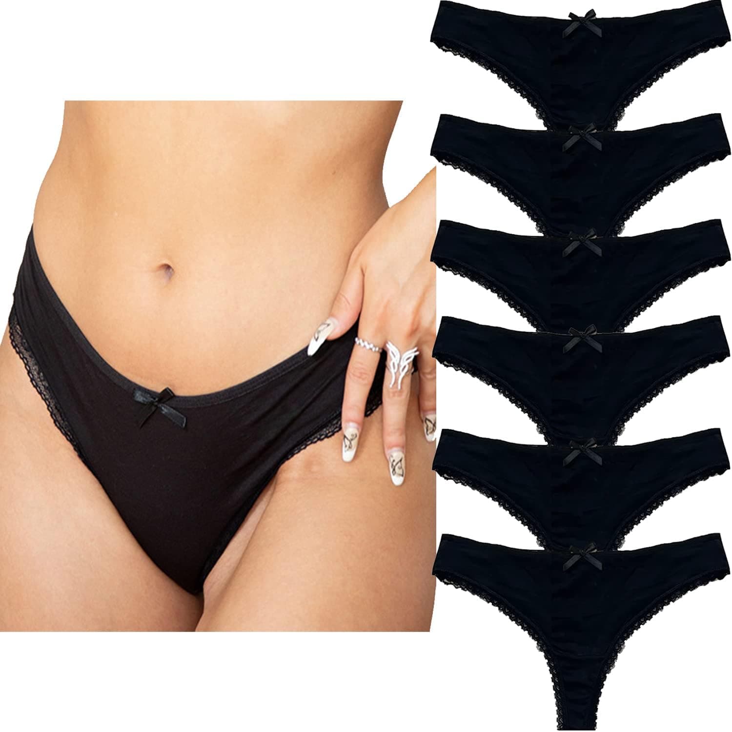 Knotty Underwear - Thongs for Women Pack of 6 - Black Cotton Thongs for Women - Womens Underwear Packs and Plus Size Thongs
