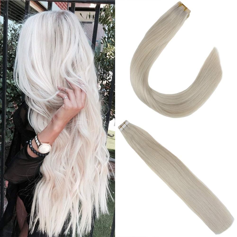 JoYoung 20" #60 Platinum Blonde Hair Extensions Tape in Straight Remy Hair Skin Weft Tape in Real Blonde Hair Extensions 50g 20pcs
