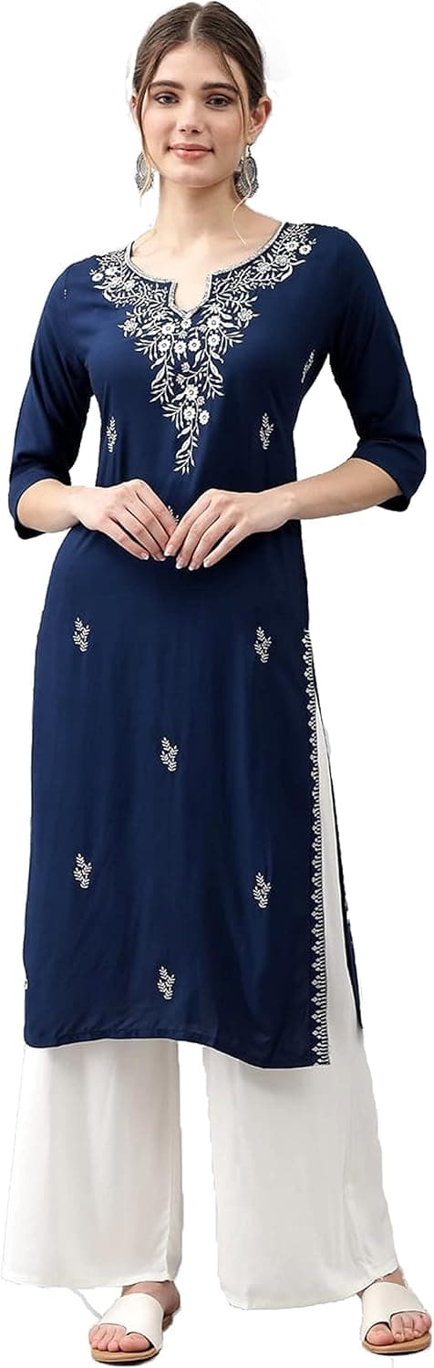Chandrakala Women's Embroidered Indian Ethnic Tunic Top Kurti Kurta Pant Set (K215)