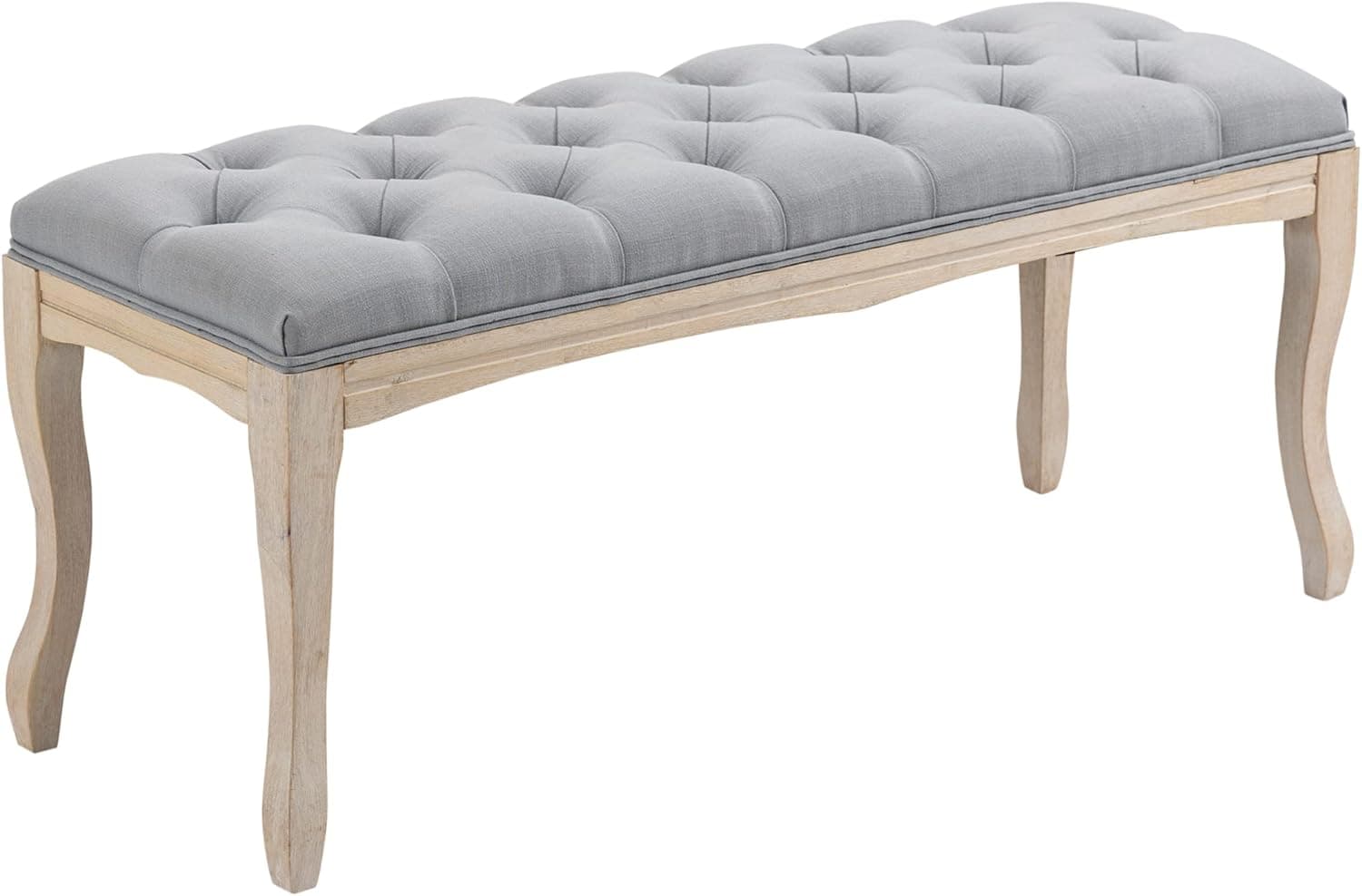 HOMCOM 43" Upholstered Entryway Bench, Linen Fabric Ottoman Stool with Button Tufted Seat, and Rubber Wood Legs for Living Room, Bedroom, or Hallway, Grey