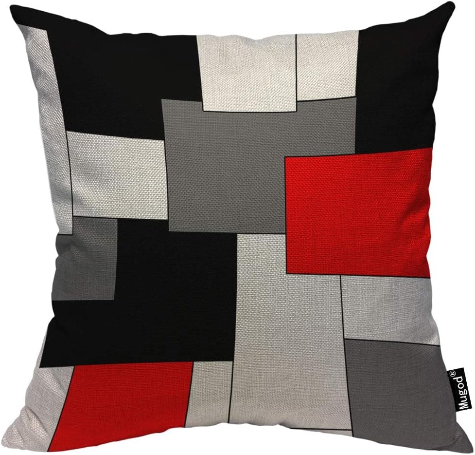 Mugod Paneling Pillow Cover Abstract Geometric Block Red Black Gray White Decorative Throw Pillow Cases Square Cotton Linen Cushion Cover for Home Bed Sofa Couch 18x18 Inch