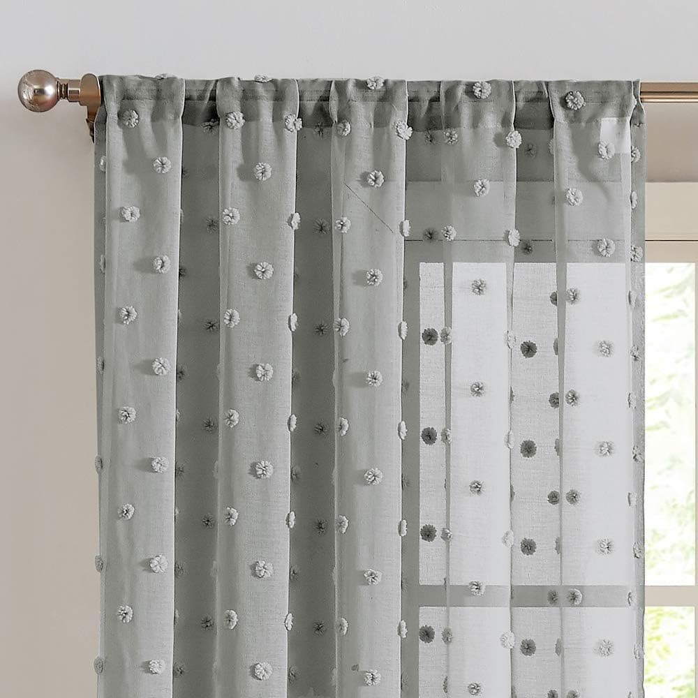jinchan Sheer Curtains Pompom Grey Voile Pom pom Window Curtains for Bedroom Girls Room Nursery Kids Teenage Room Rod Pocket 2 Panels 84 inch Long Curtain Set