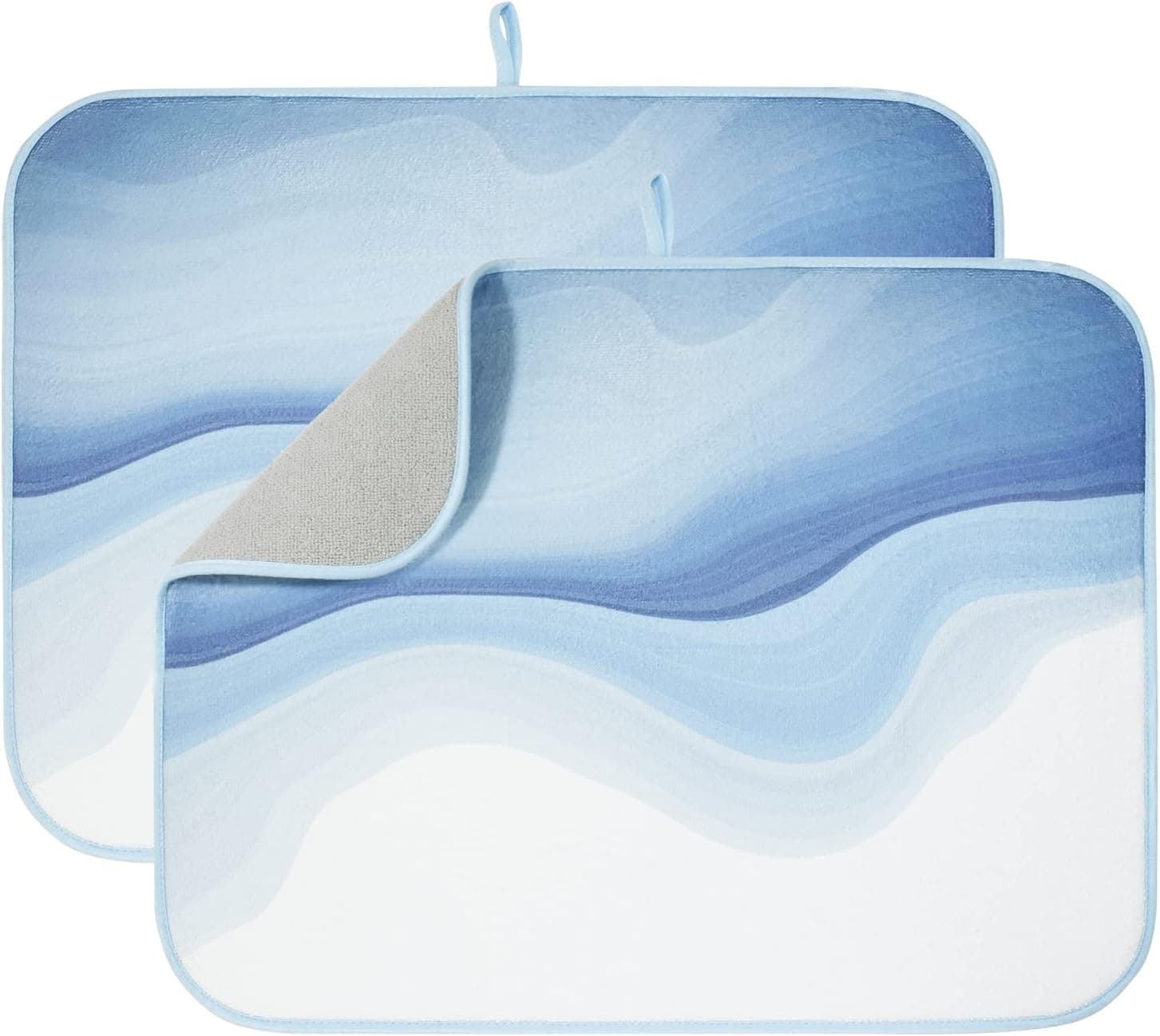 AELS XL 24" x 18" Dish Drying Mat, Set of 2, for Kitchen Counter, Gradient Blue Reversible Absorbent Microfiber Dish Drainer/Rack Pads with Hanging Loop