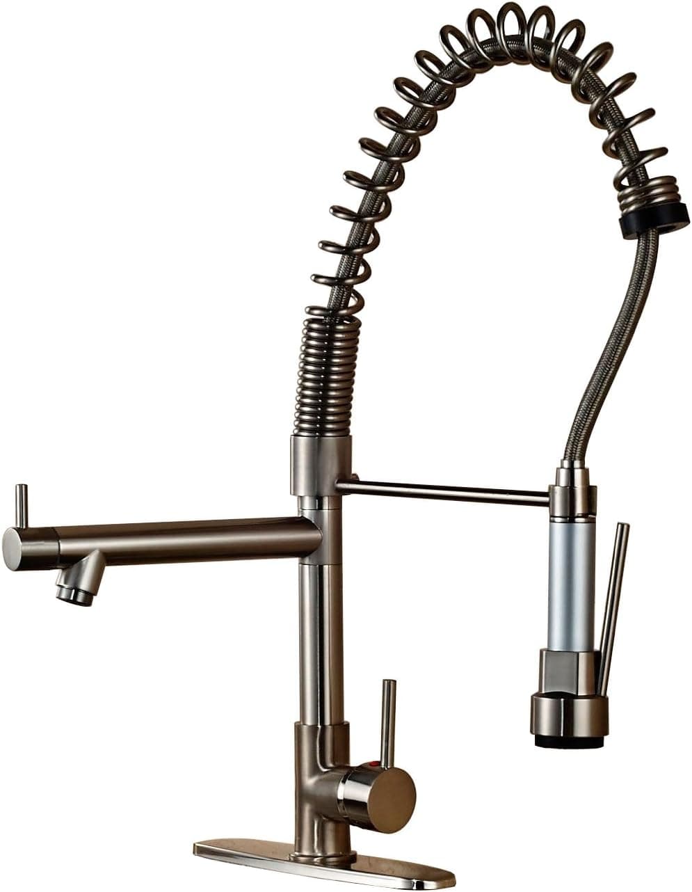 Votamuta Brushed Nickel Professional Single Handle Pull Down Kitchen Faucet, Commercial Style Kitchen Sink Faucet with 9.6" Cover Plate