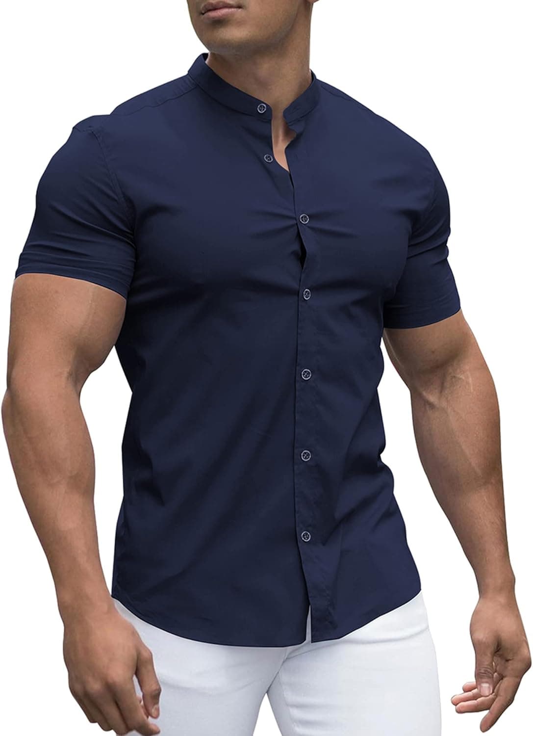 URRU Men's Muscle Dress Shirts Slim Fit Stretch Banded Collar Short Sleeve Casual Button Down Shirt Navy Blue XXL
