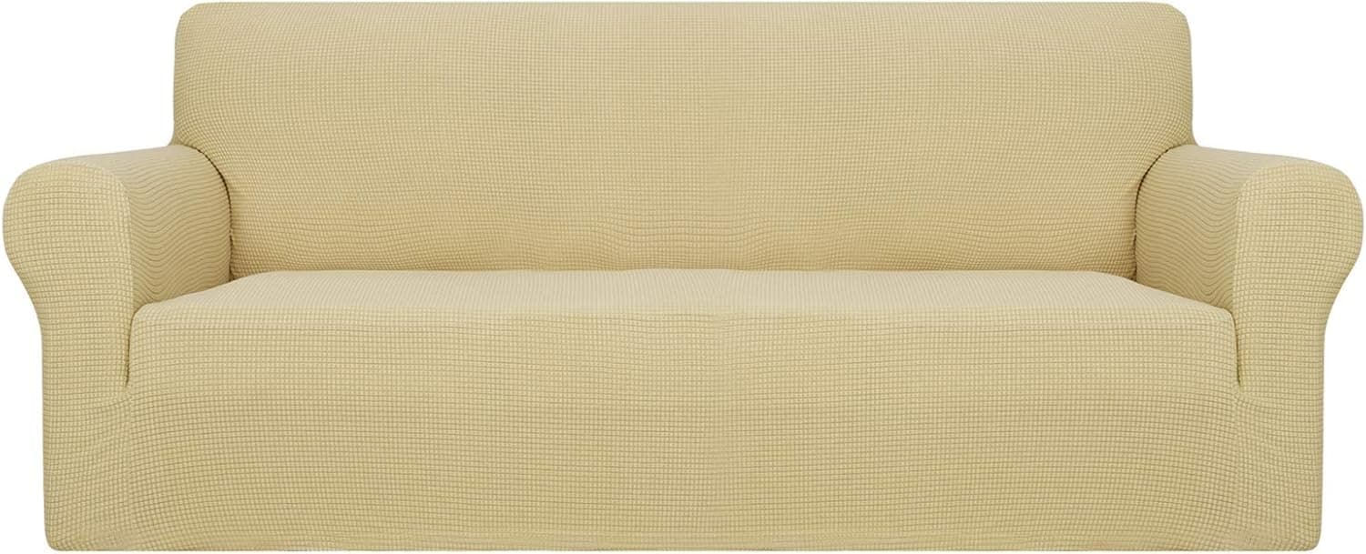 AUJOY Couch Cover Stretch 1-Piece Sofa Slipcover for 3 Cushion Couch Jacquard Spandex Fabric Furniture Protector with Anti-Slip Foams (Sofa, Beige) 1