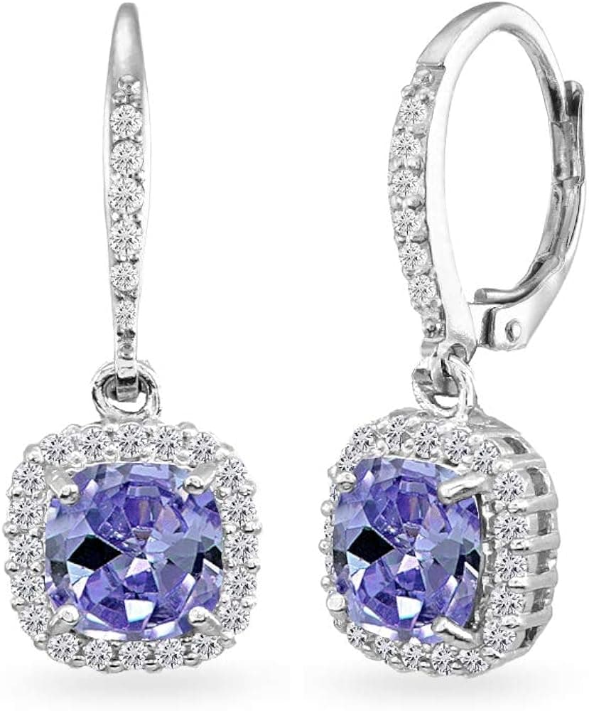 Sterling Silver Genuine or Synthetic Cushion-cut Gemstone Halo Leverback Drop Dangle Earrings for Women Girls
