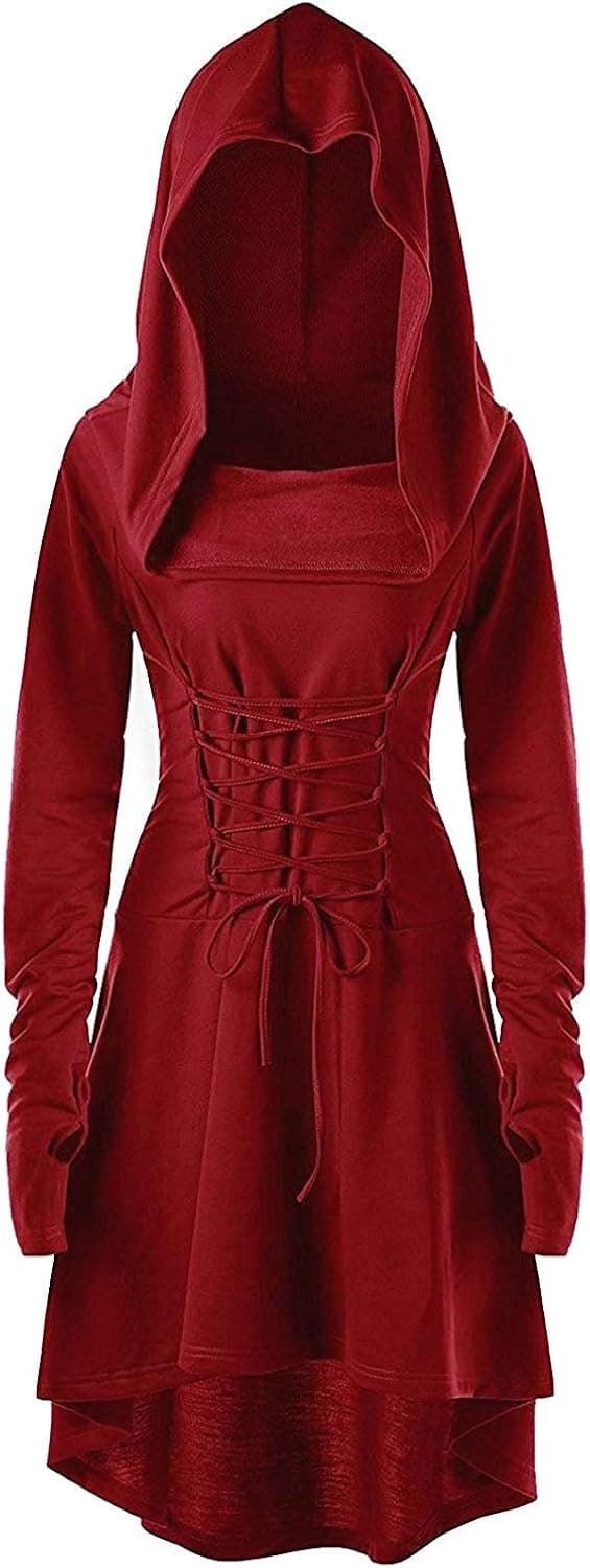 Gemijack Womens Renaissance Costumes Hooded Robe Lace Up Vintage Pullover High Low Long Hoodie Dress Cloak