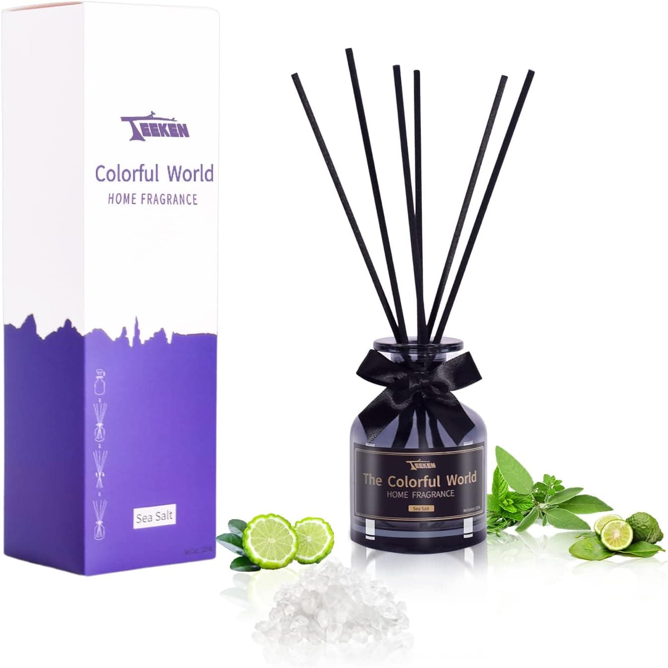 Teeken Reed Diffuser, Colorful World Series - Sea Salt Diffuser Set, 4.3oz(125ml) / 1 Pack Scented Oil Reed Diffuser & 6 PCS Reed Diffuser Sticks, Aroma Therapy Bathroom & Office Decor Air Fragrance