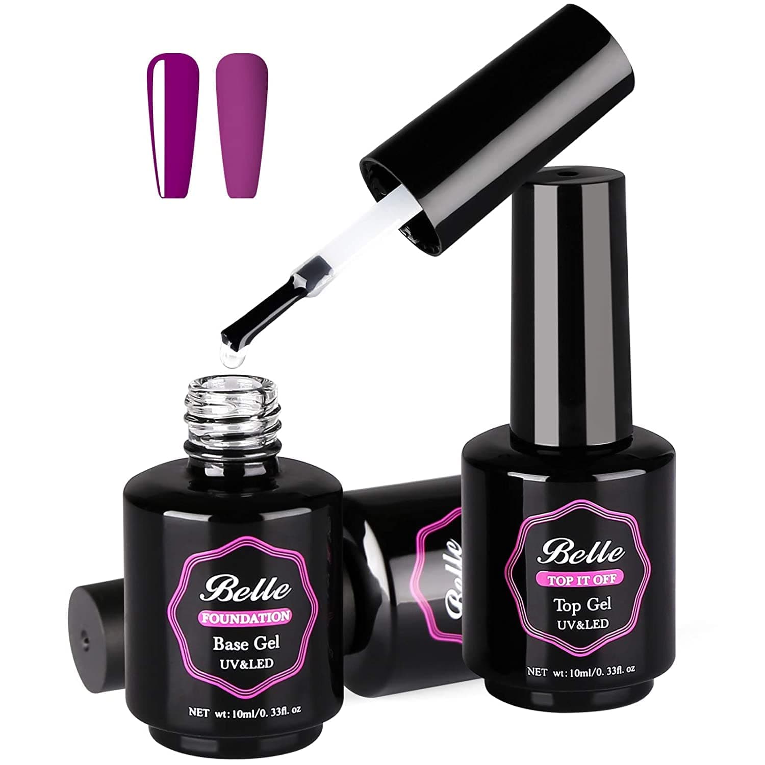 Belle 3Pcs Glossy & Matte Top Coat and Base Coat Gel Manicure Gift Set, Dry Fast Combination Nail Base Top Coats Manicure Nail Art Salon, Transparent - 310ml/0.33fl.oz