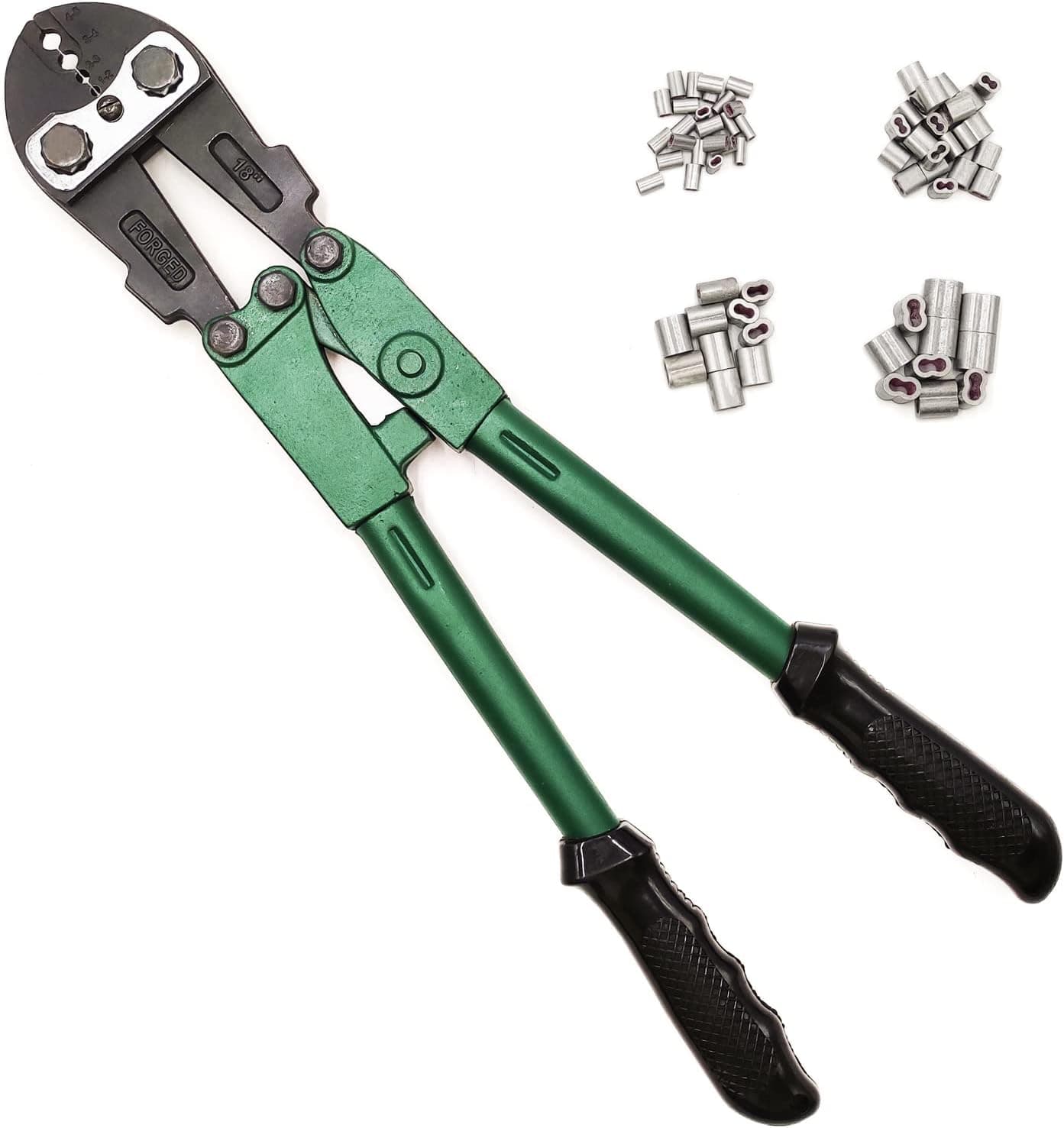 FenceMate 4 Slot Crimping Swaging Tool Kit to Join High Tensile Steel Wires, Ropes with 4 Sizes Assorted Sleeves, Spanner & Gauge Tool, 18" Hand Crimper Swager for Splicing Wires, Ropes with Ferrules
