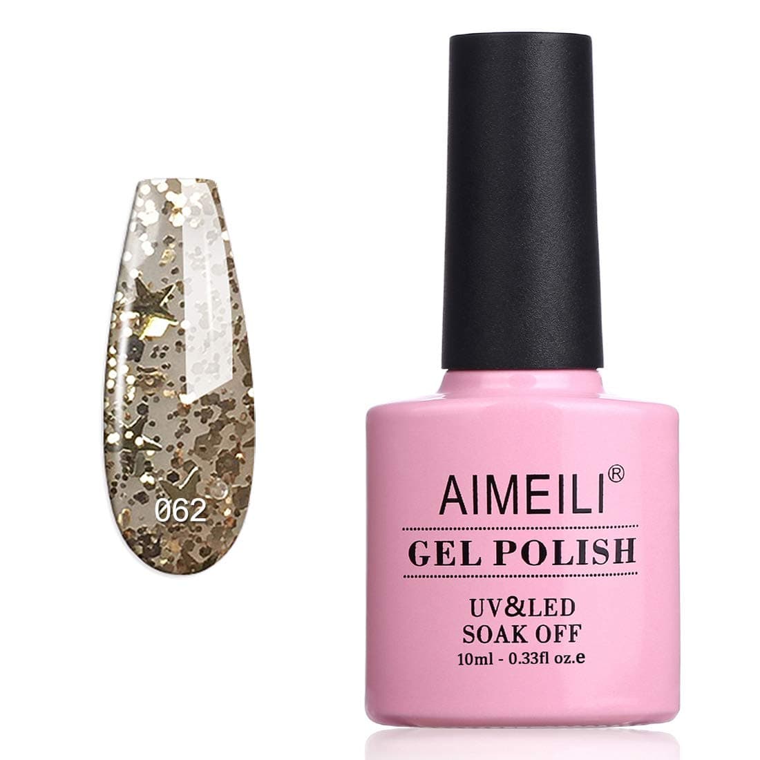 AIMEILI Soak Off U V LED Clear Glitter Gel Nail Polish - Golden Superstar Glitter (062) 10ml