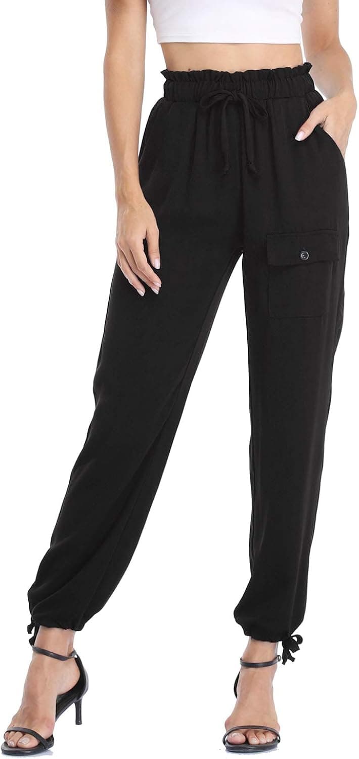 andy & natalie Women's Casual Cargo Pants Loose Ankle Tie High Waist Pencil Trouser Pants with Pockets
