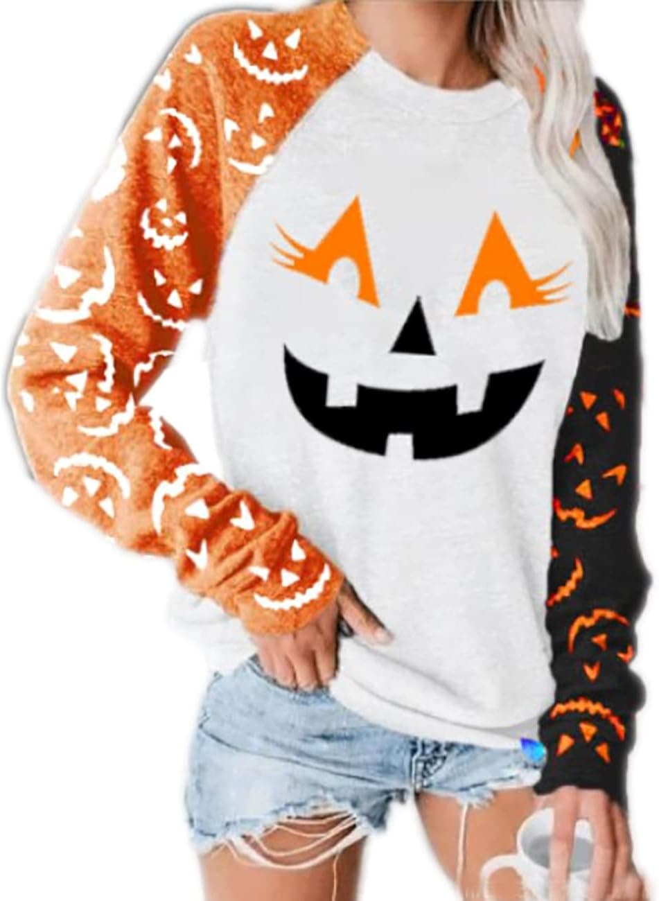 Halloween Pumpkin Shirt Women Fall Pumpkin Graphic T-Shirt Pumpkin Face Long Sleeve Shirts Thanksgiving Gift Pullover Tops