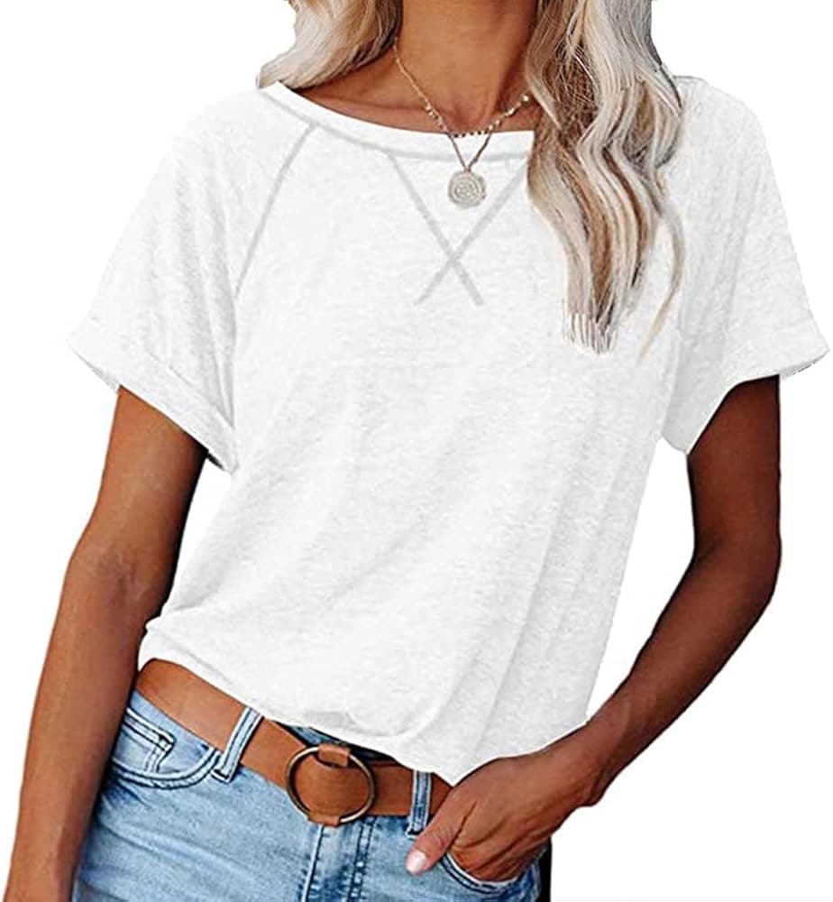 Womens Short Sleeve Raglan Crewneck T Shirts Tees Color Block Casual Loose Fit Tshirts Tops