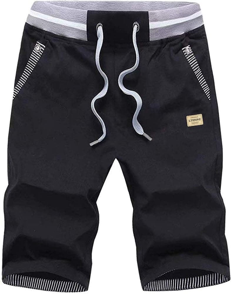 LTIFONE Mens Casual Shorts Regular Classic Fit Cotton Drawstring Summer Beach Shorts, 9" Inseam with Elastic Waist and Pockets(Black,XXL)