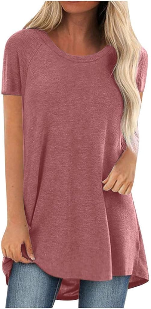 T-Shirt for Women Casual Short Sleeved Long Tee Over Size Tops Summer Tunic Round Neck Blouse