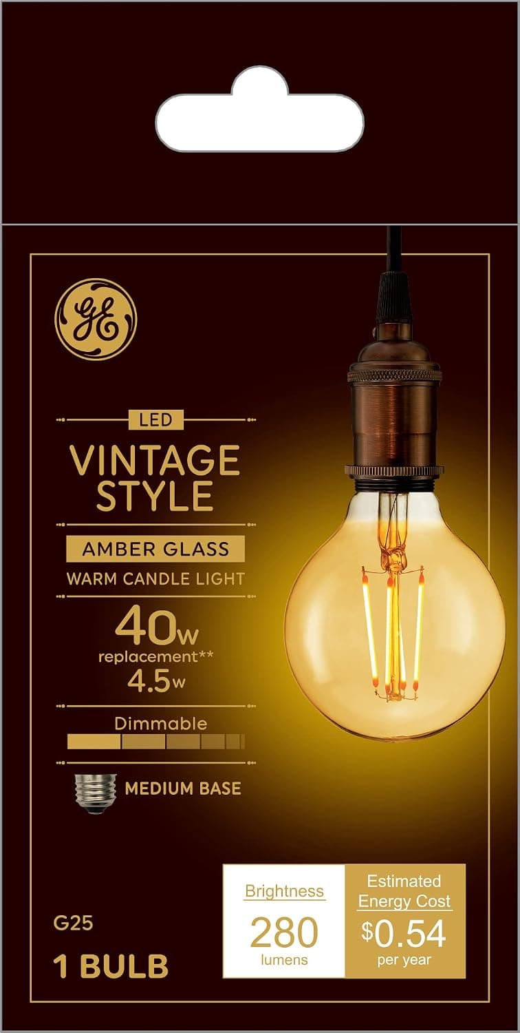 GE Lighting Vintage Style LED Light Bulb, 40 Watt Eqv, Amber Glass, Warm Candle Light, G25 Globe Bulb, Medium Base