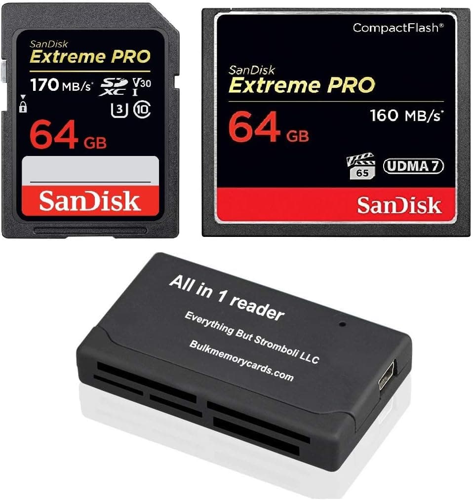 SanDisk CompactFlash Extreme Pro CF Memory Card SDCFXPS and SD Extreme Pro SDSDXXG Bundle with Everything But Stromboli CF Combo Reader (64GB Mix Pack)