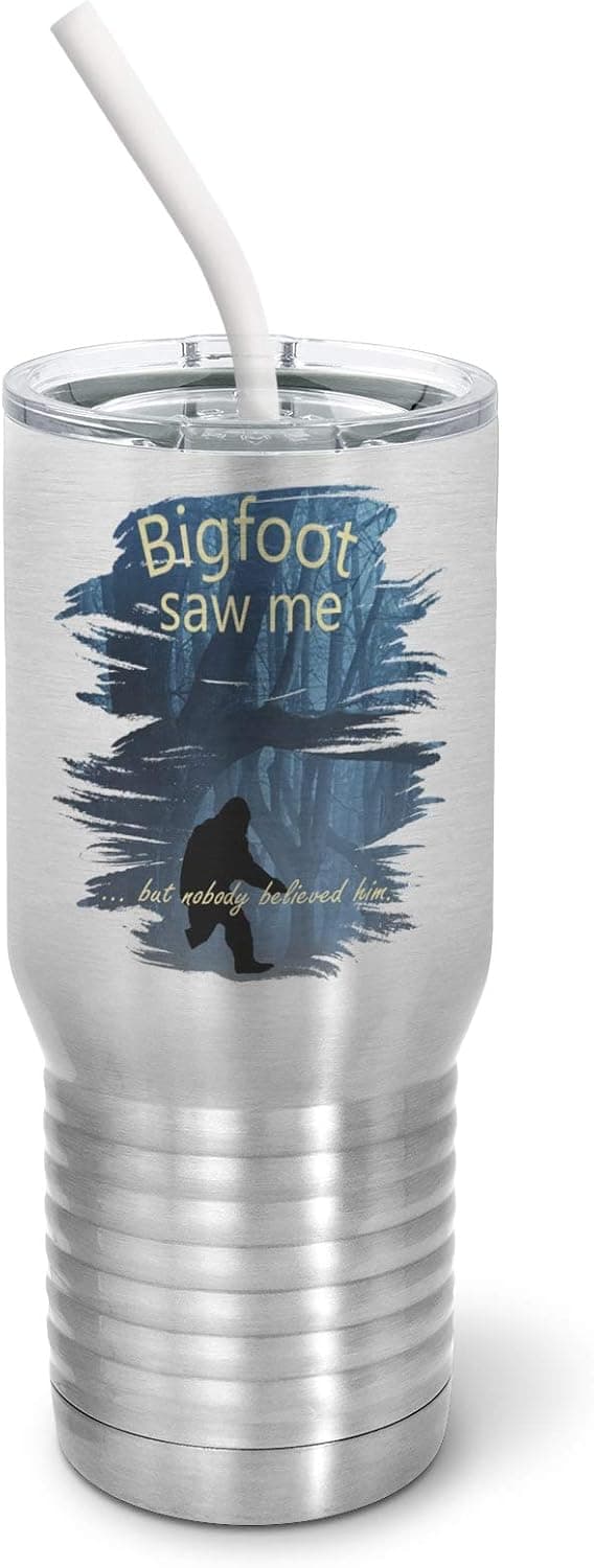 PixiDoodle Sasquatch Bigfoot Believer Tumbler with Spill-Resistant Slider Lid and Silicone Straw (20 oz Tall Tumbler, Silver)