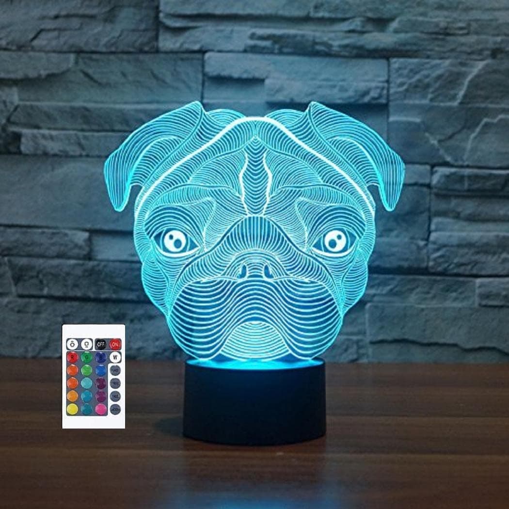 SUPERIORVZND 3D Cute Pug Dog Night Light Remote Control Power Touch Switch Table Desk Optical Illusion Lamps 7 Color Changing Lights Home Decoration Xmas Birthday Gift