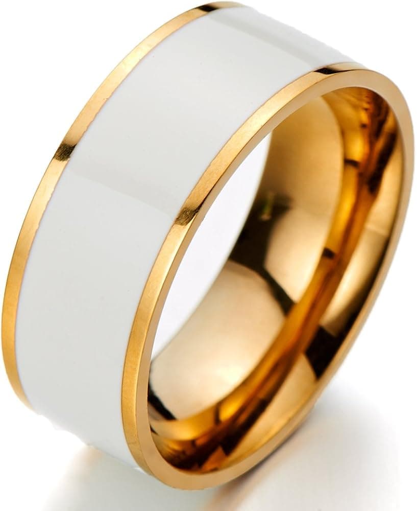 COOLSTEELANDBEYOND Lovely Colorful Statement Band Ring Stainless Steel with White Enamel Fashion Jewelry 8mm