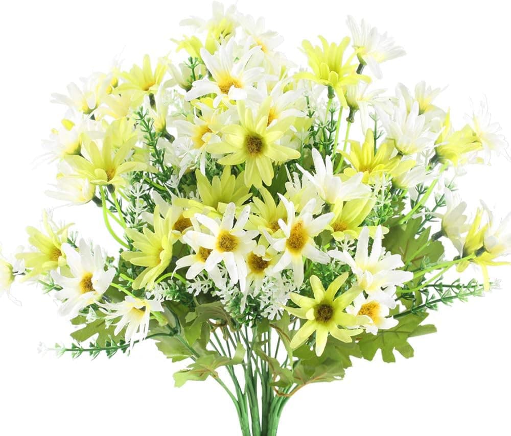GTIDEA Fake Flowers Outdoor 4PCS Artificial Silk Daisy Flower Bundle Faux Bride Bouquet Indoor Outside Home Office Wedding Table Centerpiece Arrangements Decor Green/White