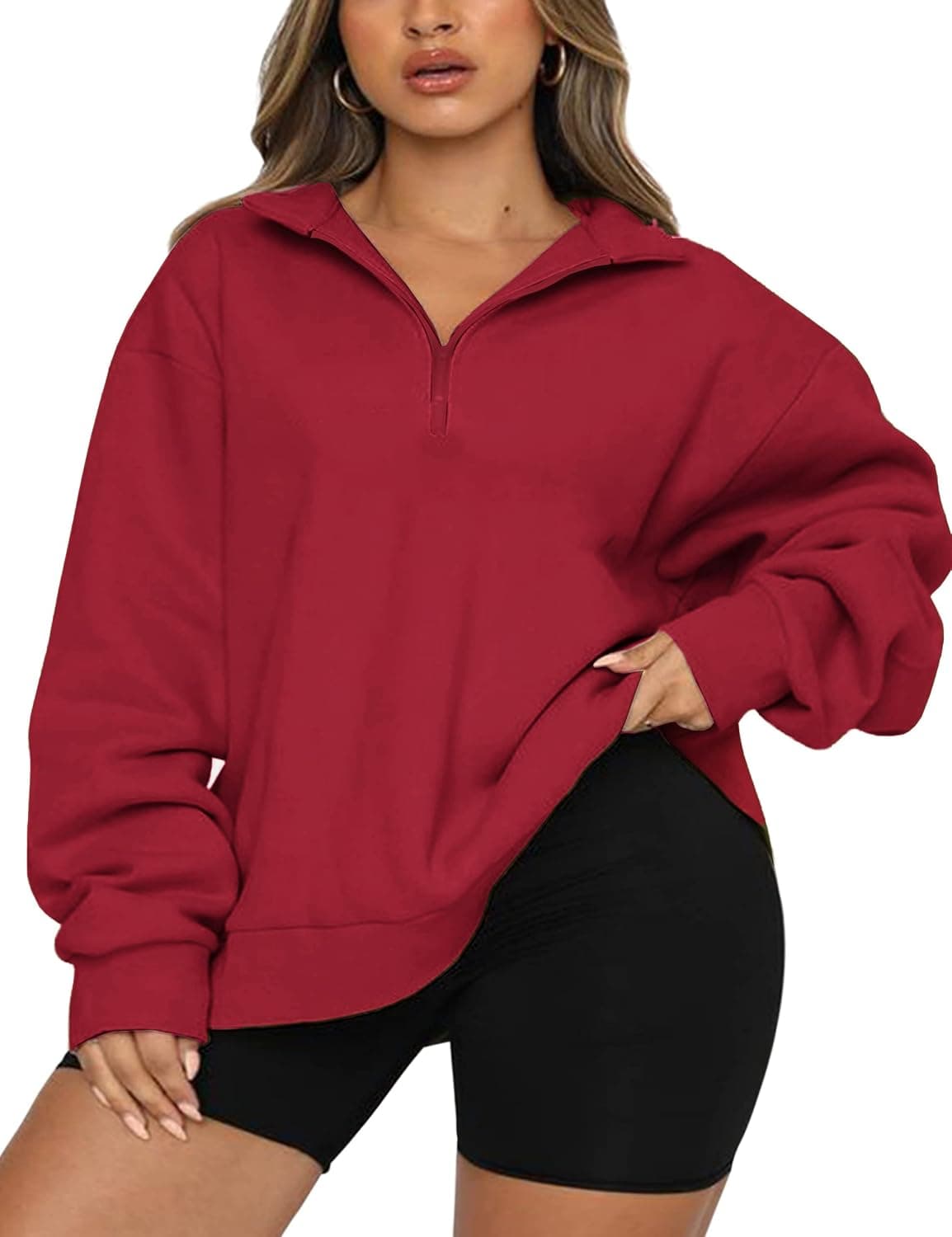 IN'VOLAND Womens Half Zip Sweatshirt Oversized Long Sleeve Plus Size Sweatshirt Deep Red