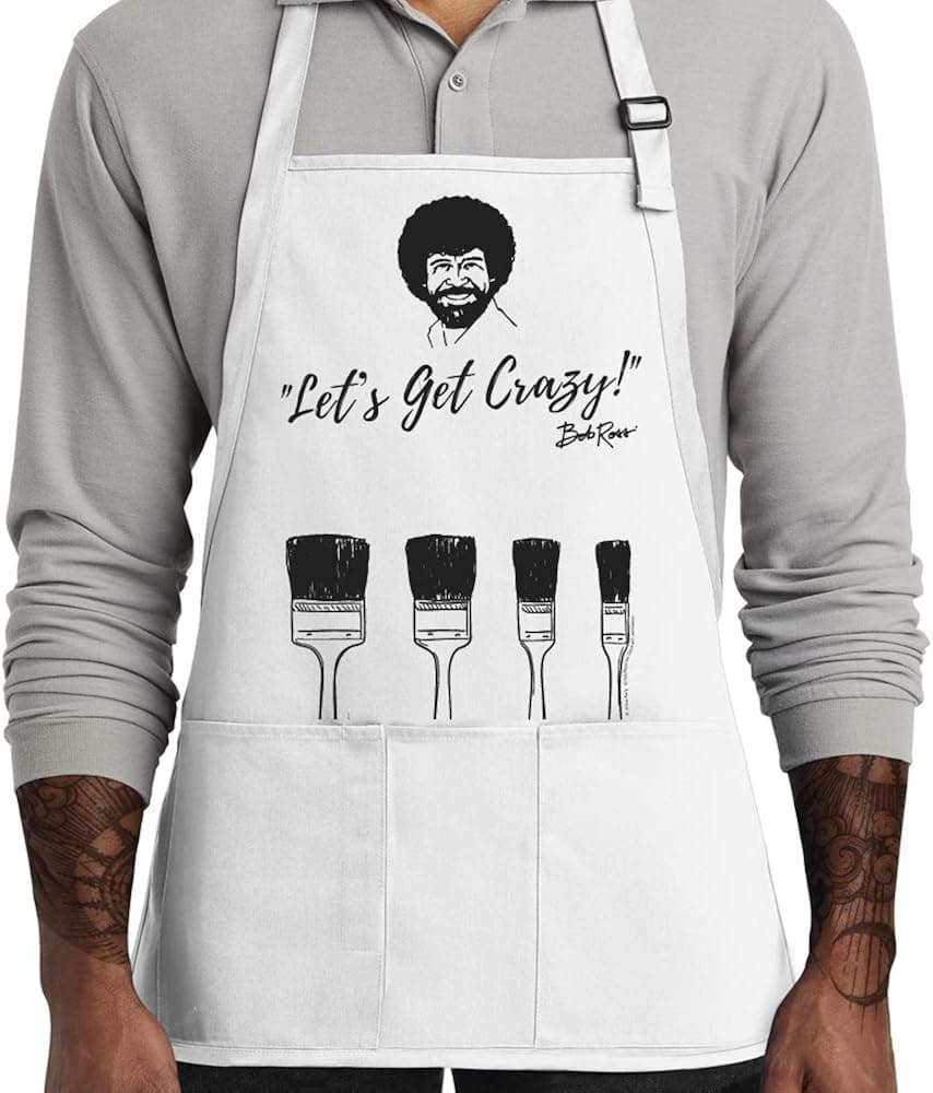 Bob Ross Apron | Perfect for Women, Men, and Kids | Features Paint Brush Pockets | White Canvas 100% Cotton Material | Great for Painting and Cooking | Unique Gift for Art Enthusiasts | Comfortable