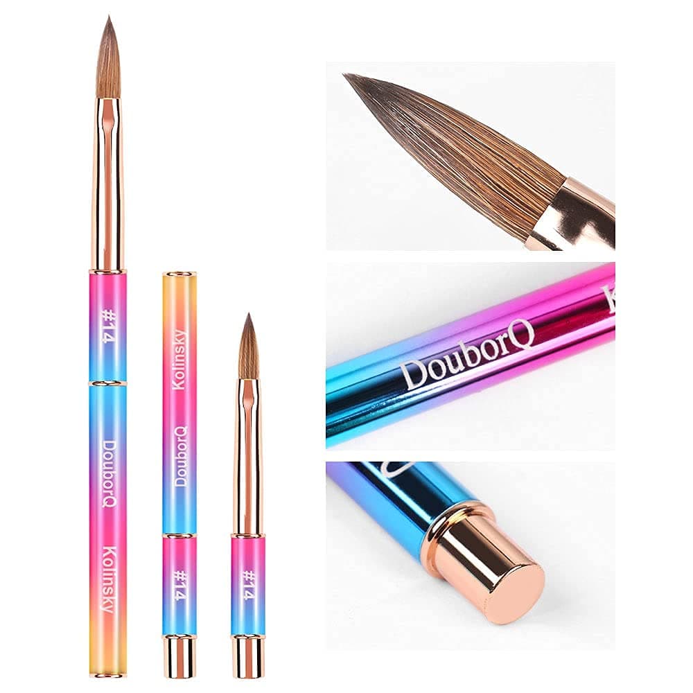 DouborQ Kolinsky Acrylic Nail Brush for Acrylic Powder Pure Sable Hair Bristles Round Oval Crimped Nail Art Carved Extend Brush Professional Drawing Application (Size 14, Gradient Color)
